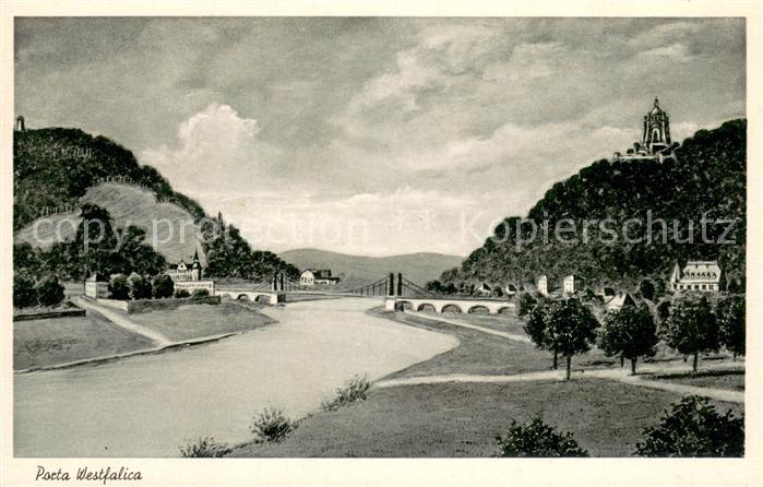 Porta Westfalica Panorama Blick ueber die Weser Jacobsberg Bismarckturm Wittekin