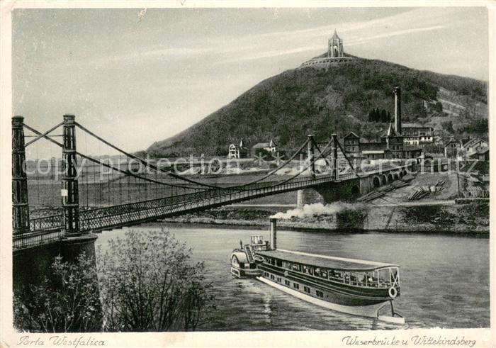Porta Westfalica Weserbruecke und Wittekindsberg Kaiser Wilhelm Denkmal Raddampf