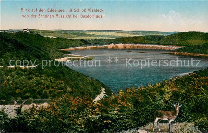 Waldeck Edersee Blick von der Schoenen Aussicht auf Edersee mit Schloss Waldeck