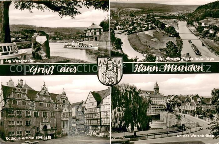 Hann. Muenden Am Weserstein Blick von der Weserliedanlage Rathaus Werrabruecke
