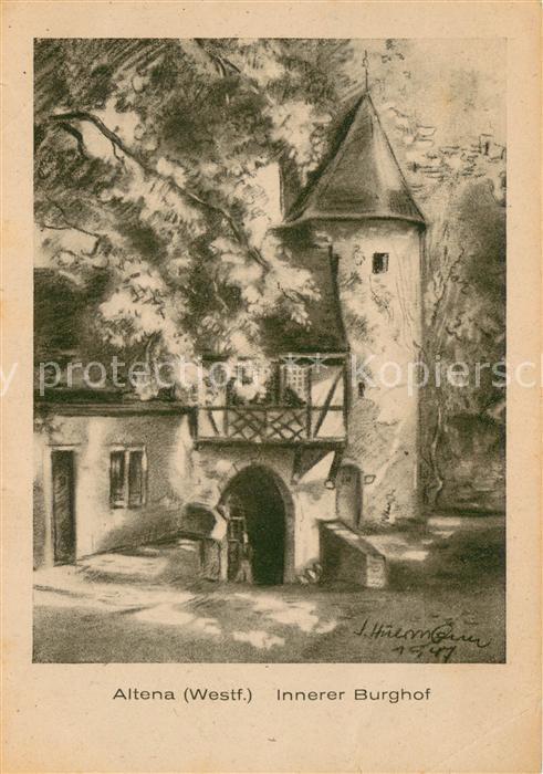 Altena Lenne Innerer Burghof Kohlezeichnung