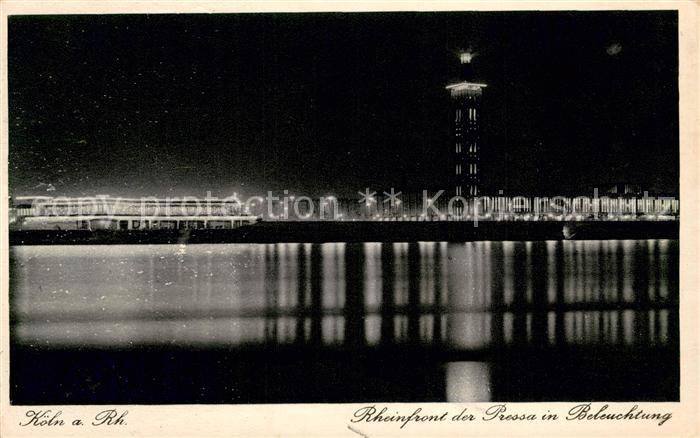 Koeln Rhein Rheinfront der Pressa in Beleuchtung
