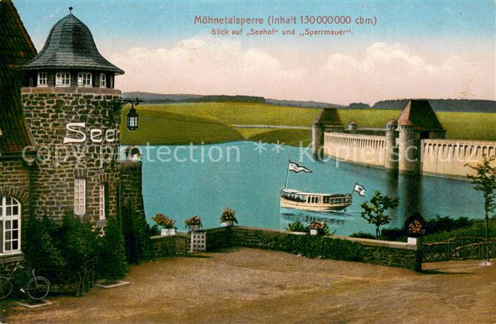 Koerbecke Moehnesee Moehnetalsperre mit Hotel Seehof und Sperrmauer