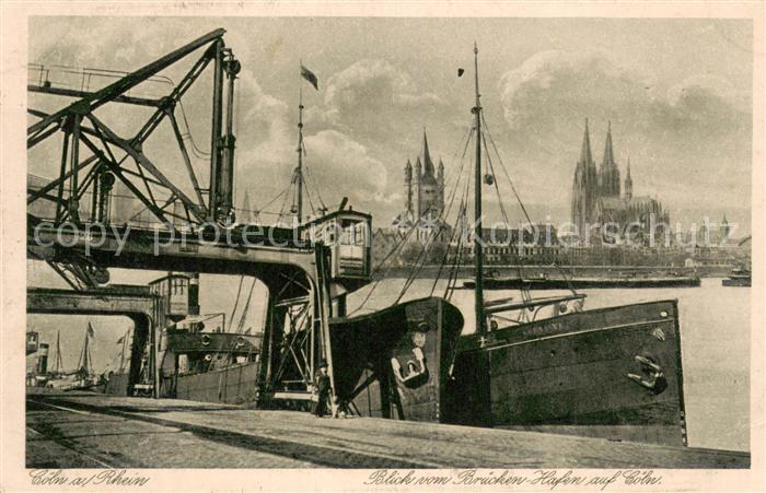 Koeln Rhein Blick vom Brueckenhafen auf Dom und Kirche
