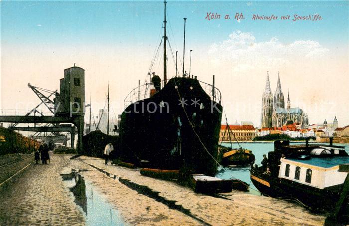 Koeln Rhein Seeschiffe am Rheinufer