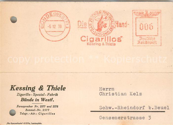 Buende Westfalen Kessing und Thiele Zigarillo Fabrik Auftragsbestaetigung