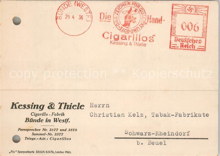 Buende Westfalen Kessing und Thiele Zigarillo Fabrik Antwortkarte