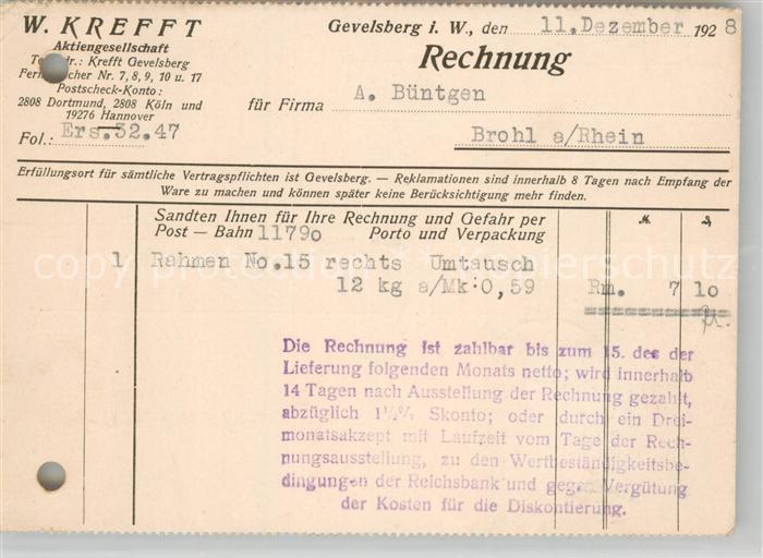 Gevelsberg Krefft Aktiengesellschaft Herdfabrik Rechnung