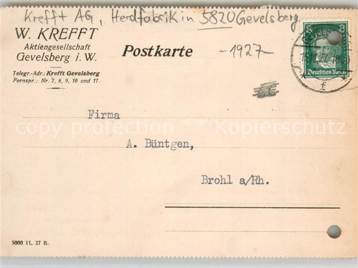 Gevelsberg Krefft Aktiengesellschaft Herdfabrik Bestellkarte