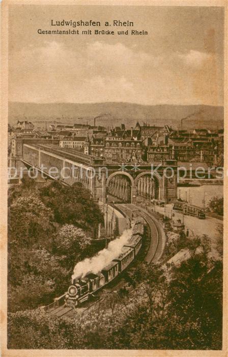 Ludwigshafen Rhein Gesamtansicht mit Bruecke und Rhein Eisenbahn Dampflokomotive