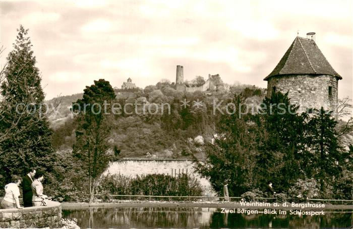 Weinheim Bergstrasse Zwei Burgen Blick im Schlosspark