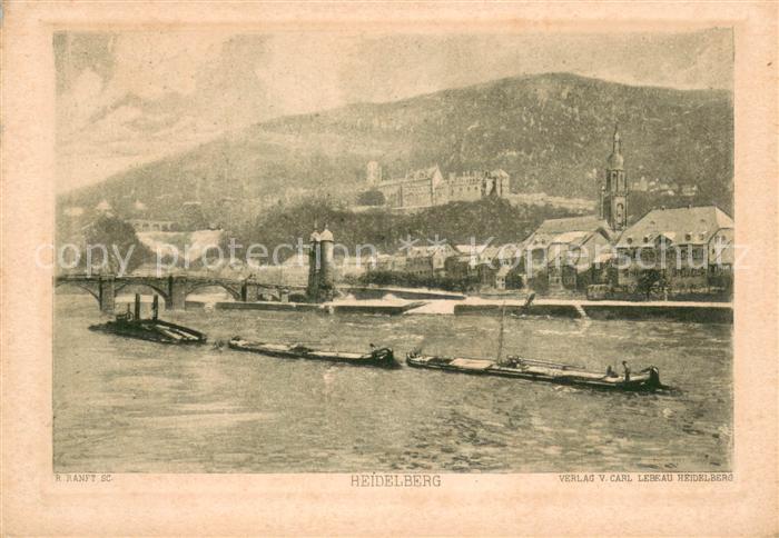 Heidelberg Neckar Blick ueber den Neckar zum Schloss Binnenschifffahrt Radierung