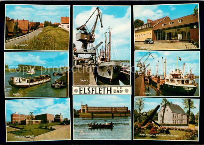 Elsfleth Haeuser am Deich Hafen Schiffskran Seefahrtsschule Bahnhof Alter Anker