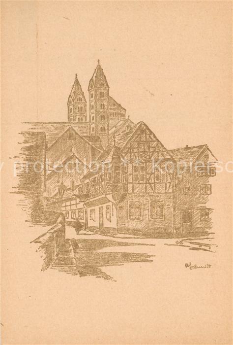 Speyer Rhein Sonnenbruecke mit Dom Kuenstlerkarte