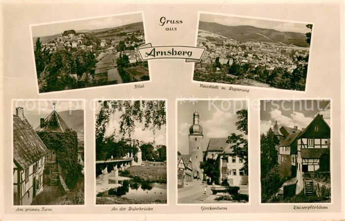 Arnsberg Westfalen Total Neustadt mit Regierung Am gruenen Turm Ruhrbruecke Gloc