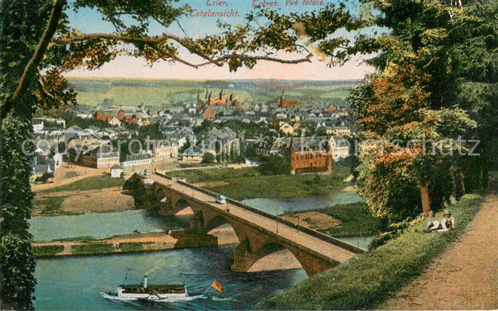 TRIER CITY Totalansicht Bruecke Fluss Dampfer Strassenbahn