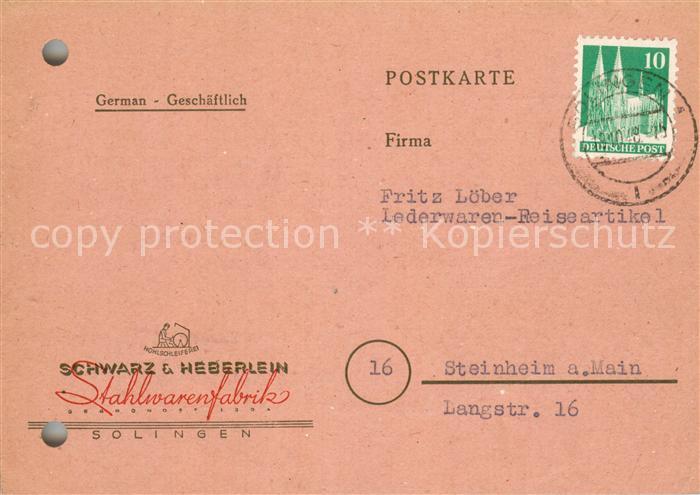 Solingen Schwarz und Heberlein Stahlwarenfabrik Geschaeftskarte