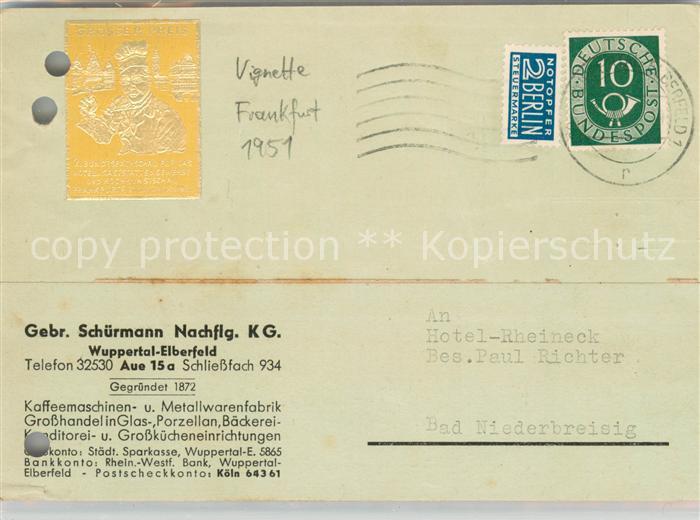 Elberfeld Wuppertal Gebr. Schuermann Nachflg. KG Geschaeftskarte und Vignette Re