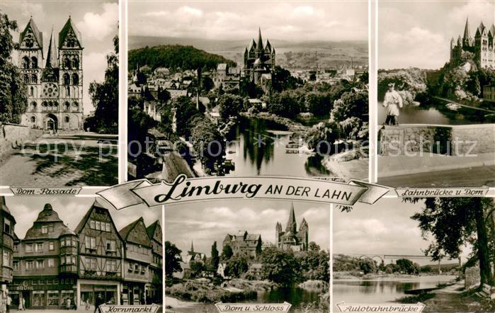 Limburg Lahn Stadtpanorama mit Dom Kornmarkt Altstadt Schloss Autobahnbruecke