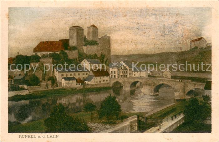 Runkel Lahn Lahnbruecke Blick zur Burg Kuenstlerkarte