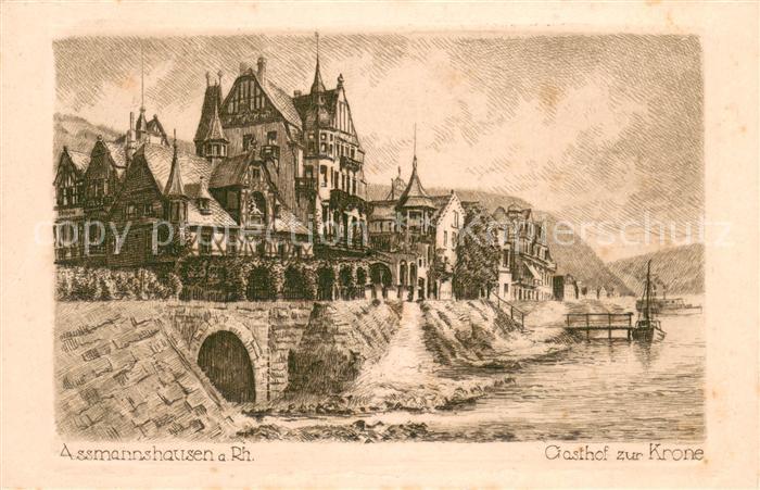 Assmannshausen Gasthof zur Krone am Rhein Kuenstlerhaus Original Radierung Handa