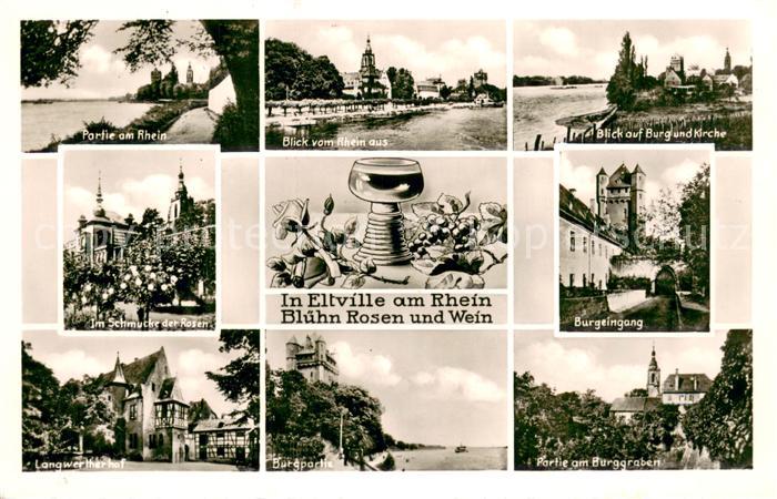 Eltville Rhein Partie am Rhein Langwerther Hof Burg Kirche Rosenbluete Wein