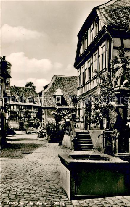 Erbach Odenwald Partie im Staedtel Brunnen Fachwerkhaus Altstadt