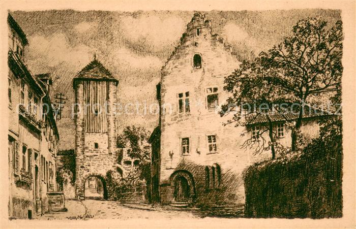 Gelnhausen Johanniterhaus und vorderes Holztor Kuenstlerkarte