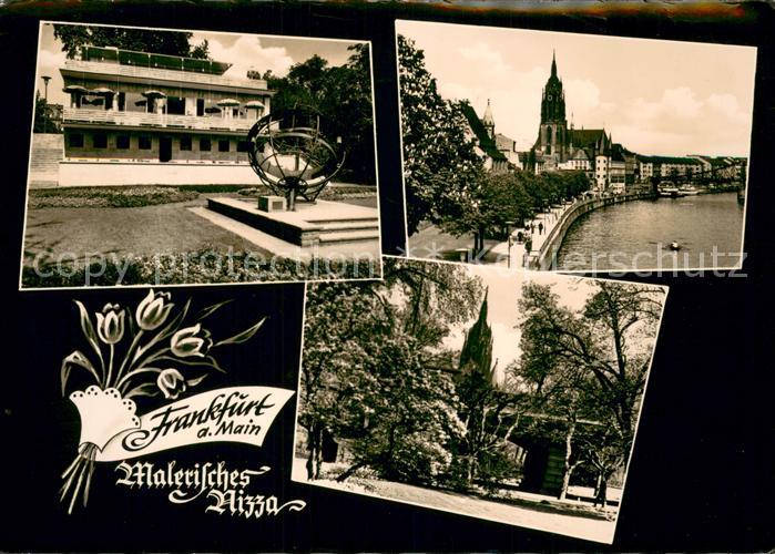 Frankfurt Main Malerisches Nizza mit Sonnenuhr Uferpromenade Kirche