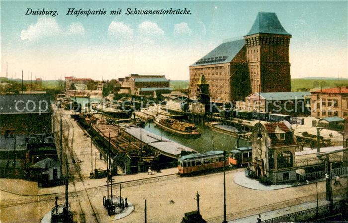 Duisburg Ruhr Hafenpartie mit Schwanentorbruecke Strassenbahn