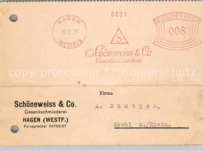 Hagen Westfalen Schoeneweiss und Co Gesenkschmiederei Rechnungsangebot