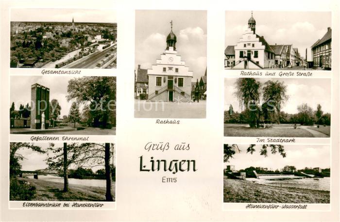 Lingen Ems Gesamtansicht Ehrenmal Eisenbahnbruecke Hanekenfaehr Rathaus Stadtpar