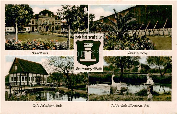 Bad Rothenfelde Badehaus Gradierwerk Cafe Klostermuehle Uferpartie am Teich Schw