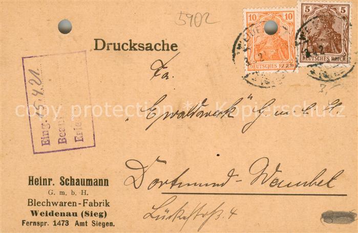 Weidenau Sieg Heinrich Schumann Blechwaren Fabrik Geschaeftskorrespondenz
