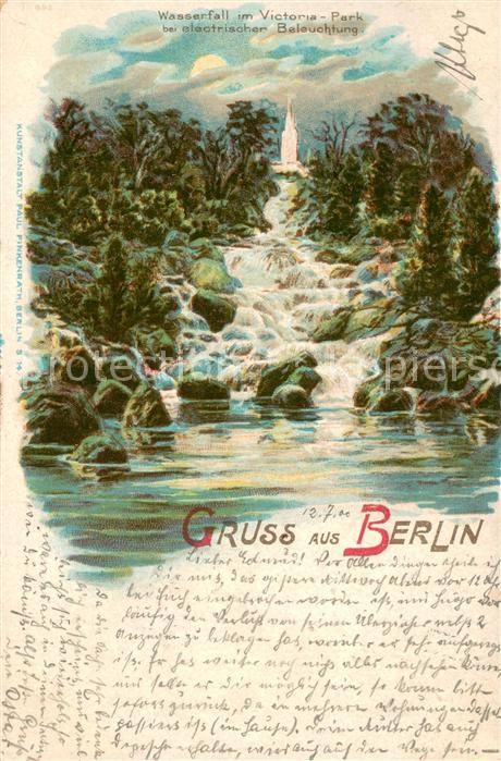 Kreuzberg Berlin Wasserfall im Victoria-Park bei elektrischer Beleuchtung Litho-