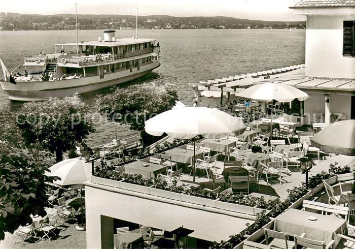 Starnberg Starnbergersee Bayern Strandcafe Seehof Terrassenansicht m. Schiff