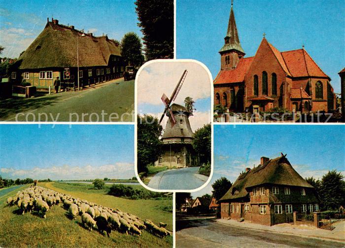 Wilhelmsburg Hamburg Bauernhaus Kreuzkirche in Kirchdorf Windmuehle Schafherde a