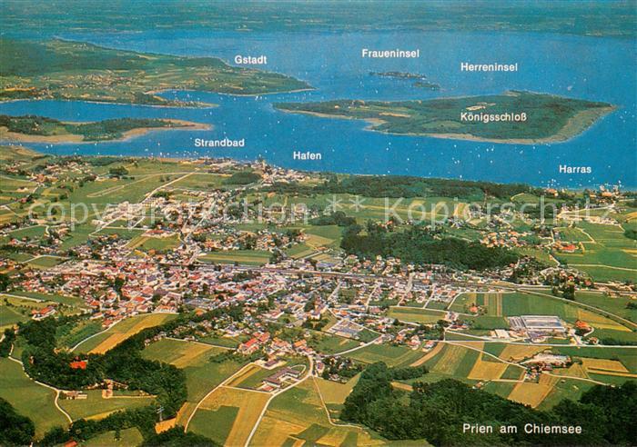 Prien Chiemsee Fliegeraufnahme mit Strandbad Hafen Gstadt Fraueninsel Herreninse