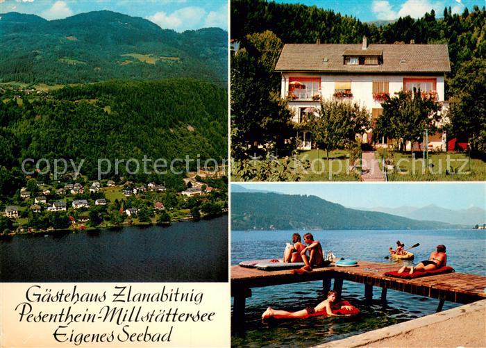 Pesenthein Millstaettersee Gaestehaus Zlanabitnig Badesteg Fliegeraufnahme