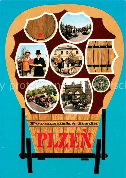Plzen Pilsen Historicka formanska jizda Tor der Brauerei Planwagen Bierfass