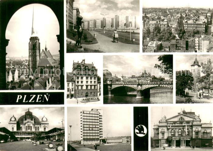 Plzen Pilsen Altstadt Kirche Platz Wohnsiedlung Hochhaus Stadtpanorama Bruecke