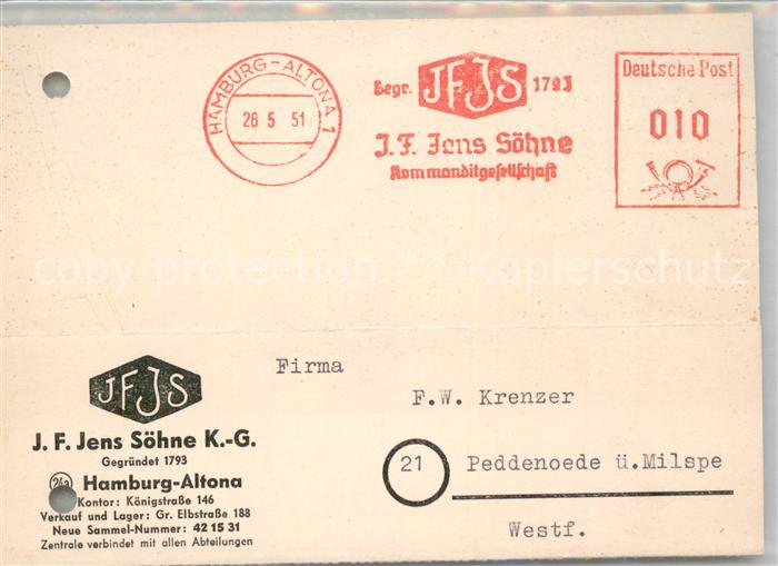 Altona Hamburg Firma J.F. Jens Soehne K.G. Geschaeftskorrespondenz