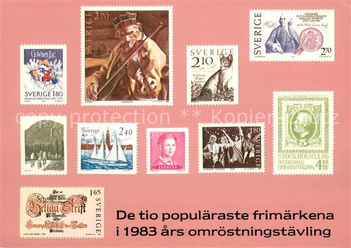 Briefmarken auf Postkarte De tio populaeraste frimaerkena i 1983 árs omroestning