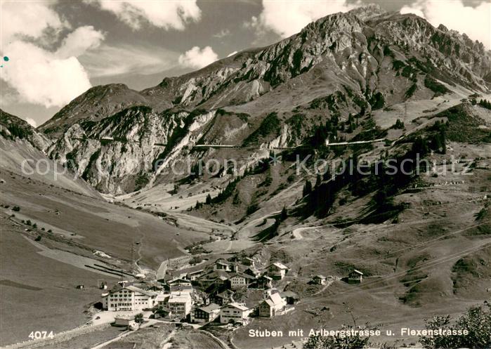 Stuben Vorarlberg Fliegeraufnahme mit Arlbergstrasse und Flexenstrasse
