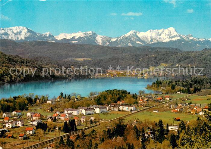 Krumpendorf Woerthersee mit Karawanken Mittagskogel Fliegeraufnahme