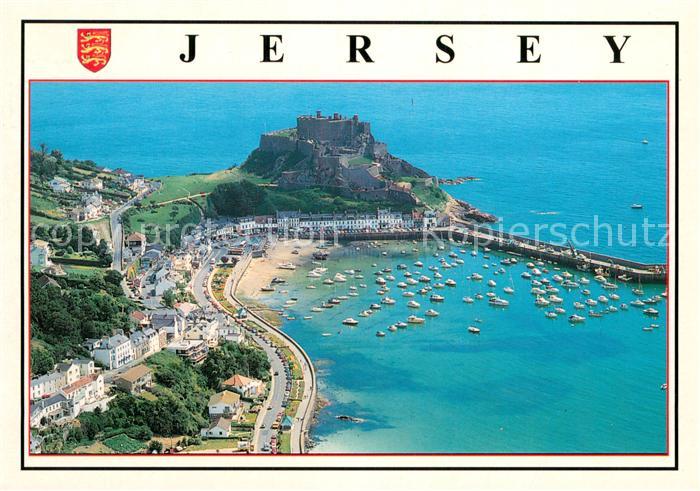 Jersey UK Aerial view of Mont Orgueil Castle and Gorey Harbour