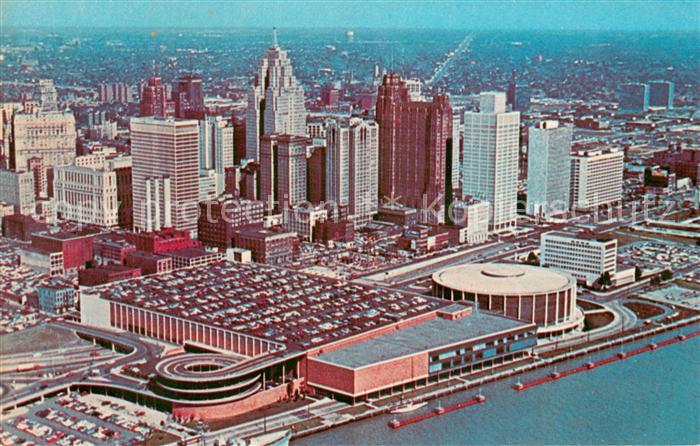 Detroit Michigan Civic Center and Skyline aerial view