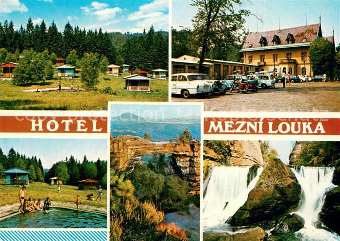 Hrensko Hotel Mezni Louka Bungalows Swimming Pool Felsen Landschaft Wasserfall