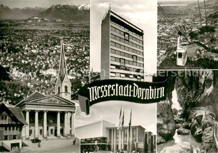 Dornbirn Vorarlberg Stadtpanorama Kirche Hochhaus Bergbahn Messehalle Schlucht