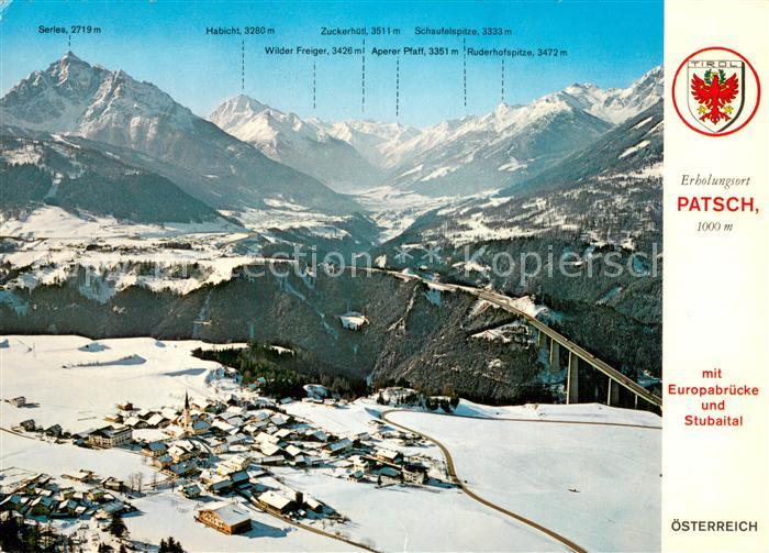 Patsch Erholungsort mit Europabruecke und Stubaital Alpen
